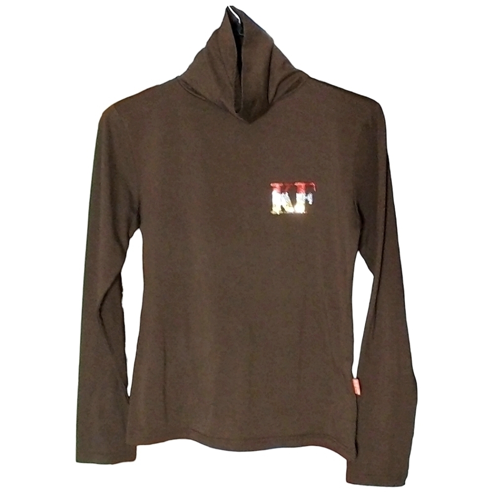 3/$15 NWOT 'WO GE SI' "KF" SEQUINED INITIAL BROWN TURTLENECK LONG SLEEVE TOP